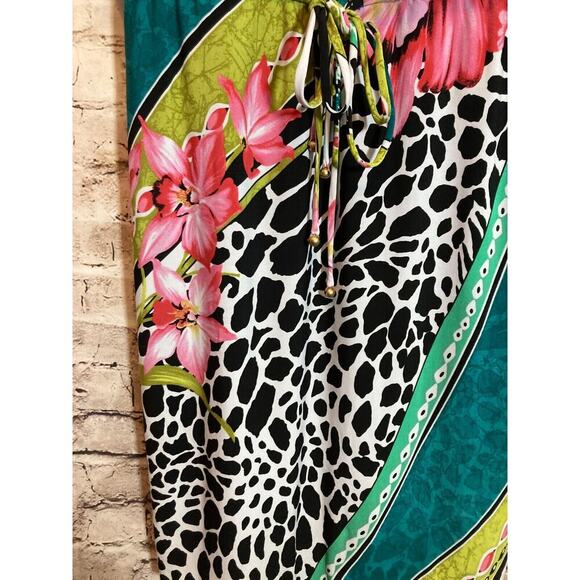 Laudrew Dress Womens 10 Turquoise Mixed Print Tropical Cowl Neck Midi Stretch - Picture 8 of 14